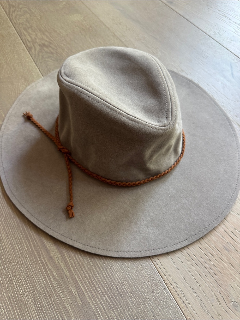 Altar'd State Taupe Wide-Brim Fedora with Braided Cognac Band